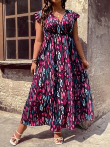 SHEIN LUNE Plus Allover Feather Print Ruffle Trim Split Thigh Dress Maxi Women Outfit - Multicolor - View 3