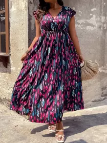 SHEIN LUNE Plus Allover Feather Print Ruffle Trim Split Thigh Dress Maxi Women Outfit - Multicolor - View 7