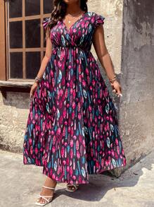 SHEIN LUNE Plus Allover Feather Print Ruffle Trim Split Thigh Dress Maxi Women Outfit - Multicolor - View 8