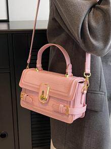 小方包鱷魚壓紋搭扣裝飾頂部單條提帶扭鎖 - 粉色 - 查看 2