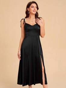 SHEIN Belle 緞面高衩吊帶連衣裙 - 黑色 - 查看 1