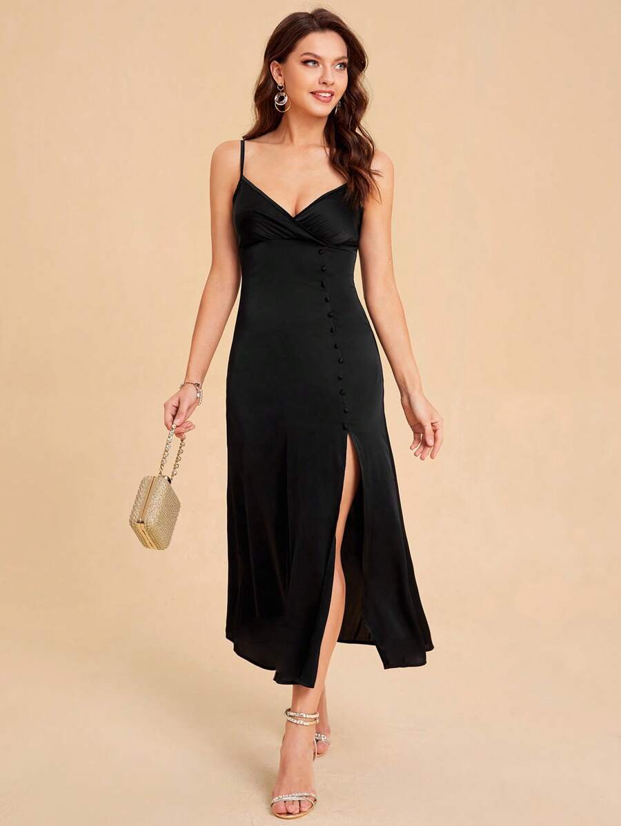 SHEIN Belle Đầm Nút Trọn gói Dây kéo Tách cao màu trơn Thanh lịch - màu đen - Xem 1