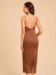 SHEIN Belle 前垂褶後背開衩吊帶連衣裙 - 棕色 - 查看 2