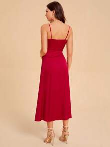 SHEIN Belle 素色鈕扣高衩吊帶連衣裙 - 紅色 - 查看 2