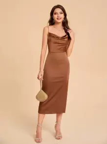 SHEIN Belle 前垂褶後背開衩吊帶連衣裙 - 棕色 - 查看 3