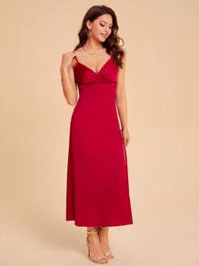 SHEIN Belle 素色鈕扣高衩吊帶連衣裙 - 紅色 - 查看 3