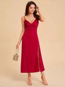 SHEIN Belle 素色鈕扣高衩吊帶連衣裙 - 紅色 - 查看 4