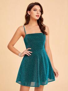 SHEIN Belle 後拉鍊金屬亮絲吊帶洋裝 - 藍色 - 查看 3