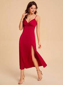 SHEIN Belle 素色鈕扣高衩吊帶連衣裙 - 紅色 - 查看 5