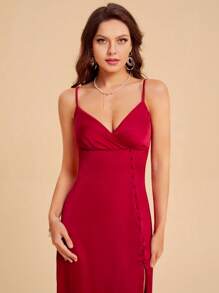 SHEIN Belle 素色鈕扣高衩吊帶連衣裙 - 紅色 - 查看 6