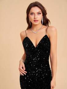 SHEIN Belle 开叉大腿亮片吊带连衣裙优雅舞会半正式婚礼宾客礼服，适合生日、毕业典礼、返校节派对礼服 - 黑色 - 查看 6