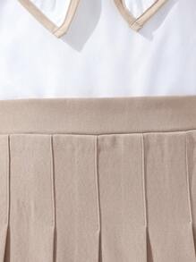SHEIN Blouse Pour Fille Préadolescente À Manches Bouffantes Avec Garniture Contrastante Et Jupe Plissée