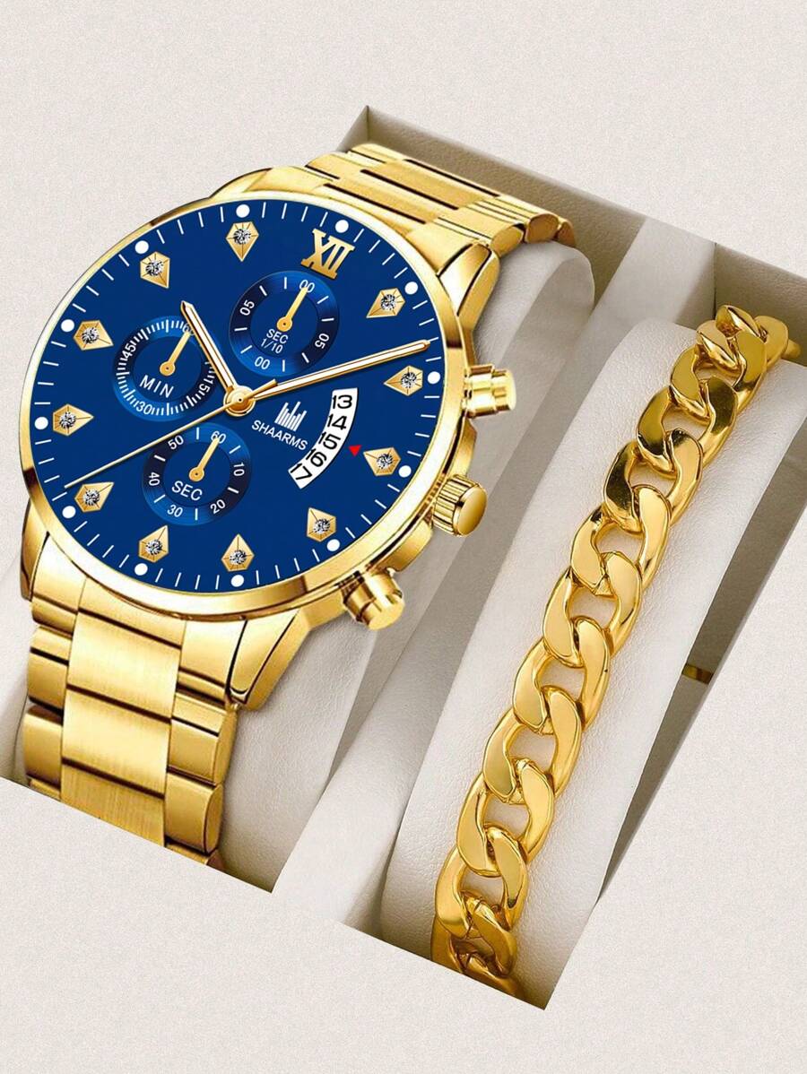 SHAARMS 1入組男士金色鋅合金錶帶商務圓形錶盤石英手錶和1入組鏈條手鍊，適用於日常生活 - 金色 - 查看 1