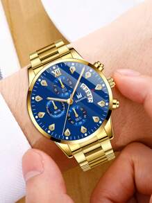 SHAARMS 1入組男士金色鋅合金錶帶商務圓形錶盤石英手錶和1入組鏈條手鍊，適用於日常生活 - 金色 - 查看 5