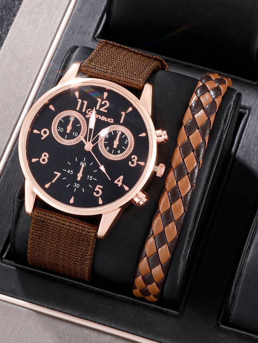 1入組棕色尼龍帶復古圓形錶盤石英表和1入組手環,適用於日常生活 - 棕色 - 查看 1