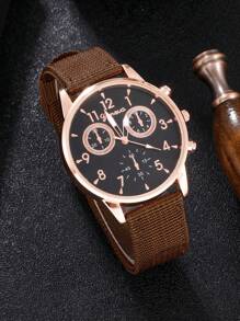 1入組棕色尼龍帶復古圓形錶盤石英表和1入組手環,適用於日常生活 - 棕色 - 查看 3