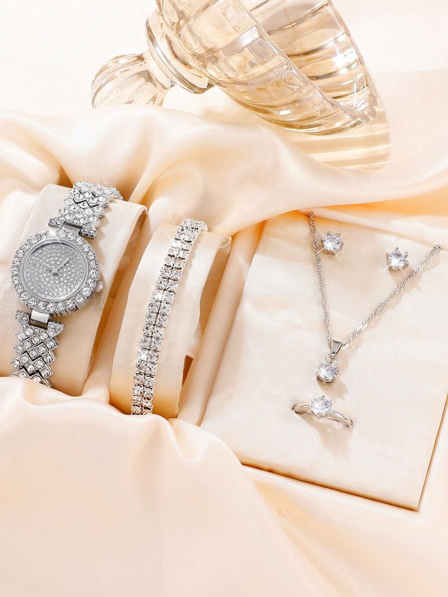 1入組女性銀鋅合金帶魅力四射水鑽裝飾圓形錶盤石英表和5入組首飾類適用於日常 - 銀色 - 查看 1