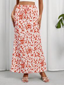 SHEIN Privé Allover Print Tie Waist Skirt - Multicolor - View 1