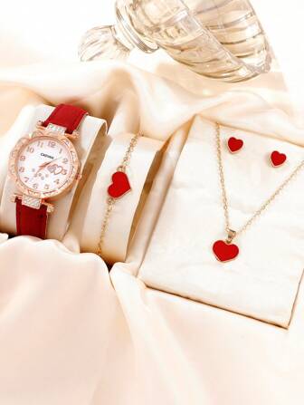 1 件女式红色 PU 聚氨酯表带迷人水钻装饰圆形表盘石英表和 4 件首饰套装，适合日常生活，可作为学生返校礼物