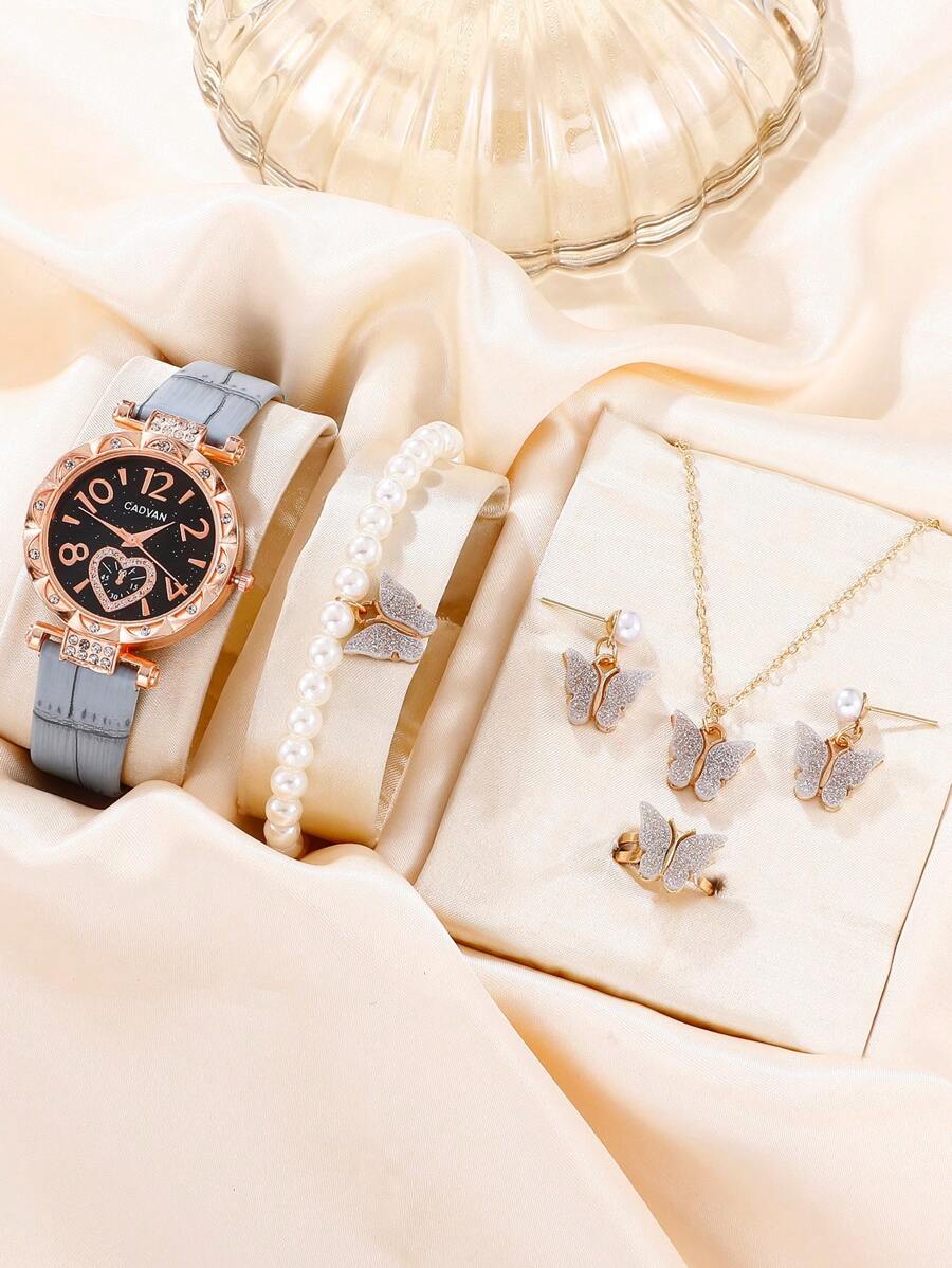 CADVAN 1pc Women Blue Crocodile Embossed PU Polyurethane Strap Glamorous Rhinestone Decor Round Dial Quartz Watch & 5pcs Jewelry Set, For Daily Life - Grey - View 1
