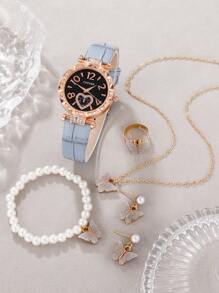 CADVAN 1pc Women Blue Crocodile Embossed PU Polyurethane Strap Glamorous Rhinestone Decor Round Dial Quartz Watch & 5pcs Jewelry Set, For Daily Life - Grey - View 4