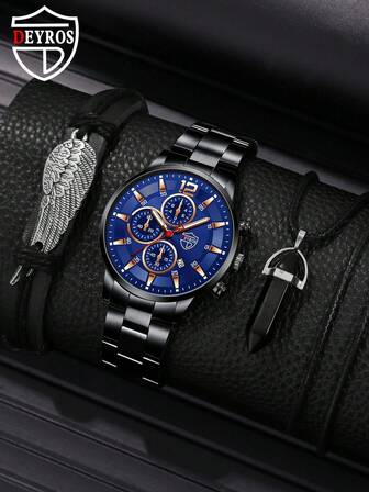 DEYROS 1入組黑色不銹鋼帶商業圓形錶盤指針石英表和1入組羽毛裝飾細繩手鏈和1入組幾何吊墜項鍊,日常裝飾