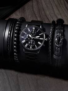 ECONOMICXI 1入組黑色鋅合金帶商業圓形錶盤石英表和4入組手環,適用於日常生活 - 黑色 - 查看 1