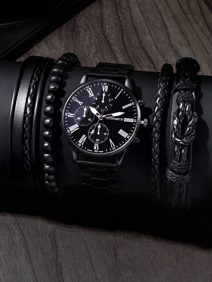 ECONOMICXI 1入組黑色鋅合金帶商業圓形錶盤石英表和4入組手環,適用於日常生活 - 黑色 - 查看 1