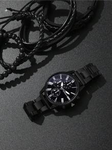 ECONOMICXI 1入組黑色鋅合金帶商業圓形錶盤石英表和4入組手環,適用於日常生活 - 黑色 - 查看 3