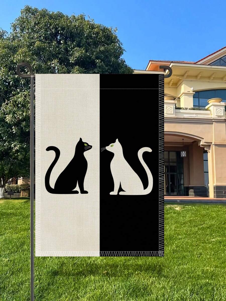 1 PC Hai Tông Màu Họa Tiết Mèo Vườn Cờ, Đáng Yêu Có Thể Đảo Ngược Hai Mặt Trang Trí Ngôi Nhà Cờ Cho Sân Vườn, Sân - Đen và trắng - Xem 1