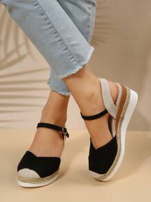 度假露跟淺口坡跟鞋適用於女士帆布撞色編織坡跟鞋 - 黑色 - 查看 7