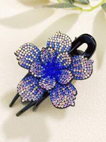 1 件女式藍色水鑽雙層花朵馬尾辮三齒夾髮夾時尚通勤派對禮物 - 藍色 - 查看 12