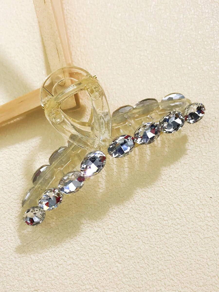 1入組女士水鑽裝飾一字形時尚髮爪適用於日常 - 米色 - 查看 1