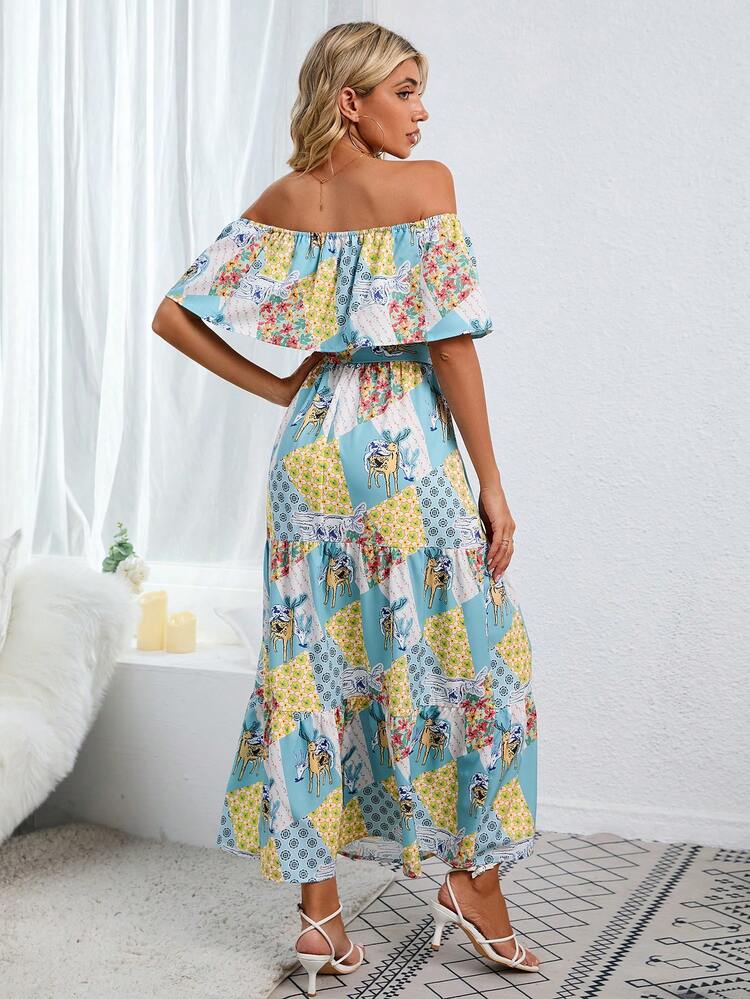 SHEIN VCAY Patchwork Print Off Shoulder Ruffle Hem Belted Dress - Multicolor - View 2