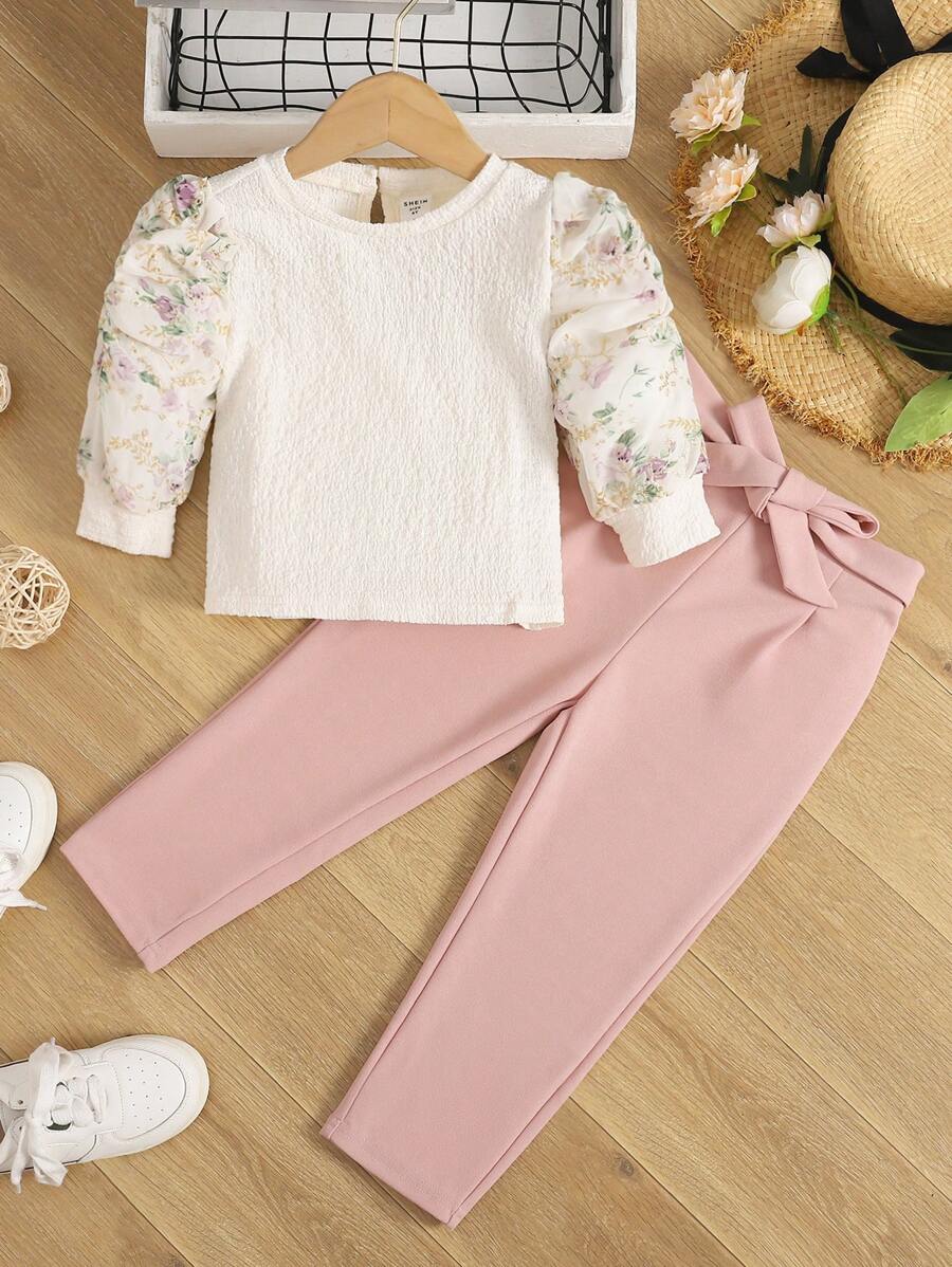SHEIN Bộ thời trang bé gái Thắt lưng Nút Xù Hoa Boho - Nhiều màu - Xem 1