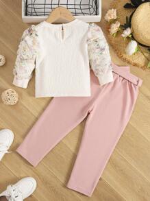 SHEIN Bộ thời trang bé gái Thắt lưng Nút Xù Hoa Boho - Nhiều màu - Xem 2