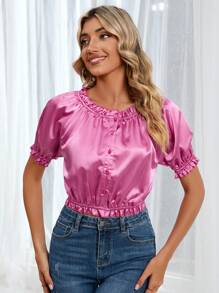 SHEIN Privé Áo sơ mi nữ Nút phía trước viền lá sen màu trơn Giải trí - Hồng - Xem 5