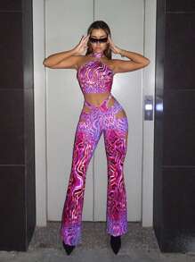 SHEIN ICON Allover Print Halter Top & Flare Leg Trousers - Multicolor - View 1