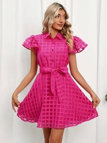 SHEIN Privé 素色蝴蝶袖腰帶襯衫連衣裙 - 玫紅色 - 查看 2