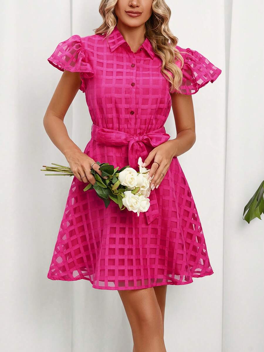 SHEIN Privé 素色蝴蝶袖腰帶襯衫連衣裙 - 玫紅色 - 查看 1