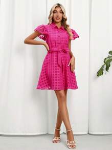 SHEIN Privé 素色蝴蝶袖腰帶襯衫連衣裙 - 玫紅色 - 查看 4