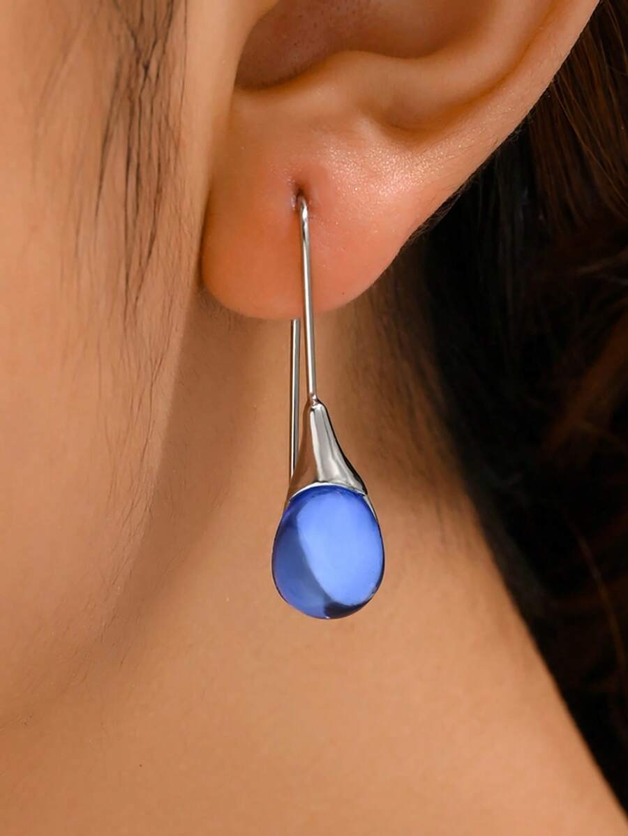 1雙時尚水滴形耳墜適合女士日常裝飾 - 藍色 - 查看 1
