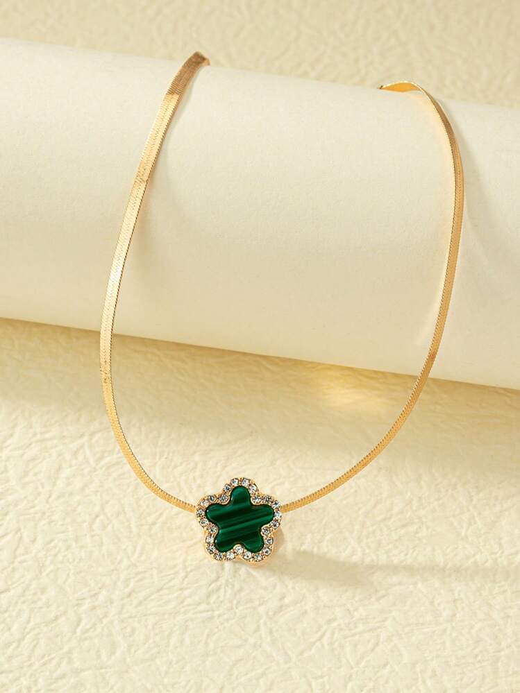 1pc Fashionable Rhinestone Green Flower Decor Choker For Women For Daily Decoration Copper Jewelry - Yellow Gold - View 2