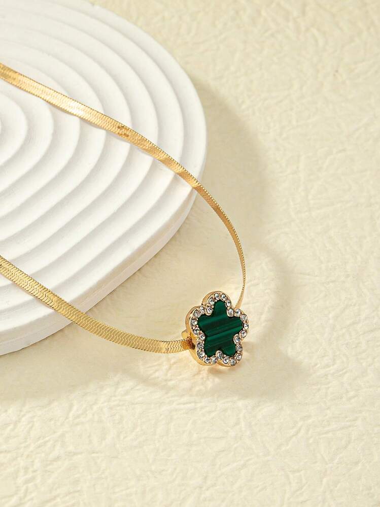 1pc Fashionable Rhinestone Green Flower Decor Choker For Women For Daily Decoration Copper Jewelry - Yellow Gold - View 3