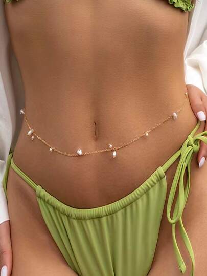 1Pc Fashionable Faux Pearl Decor Waist Chain For Women For Daily Travel Decoration Belly Chain
