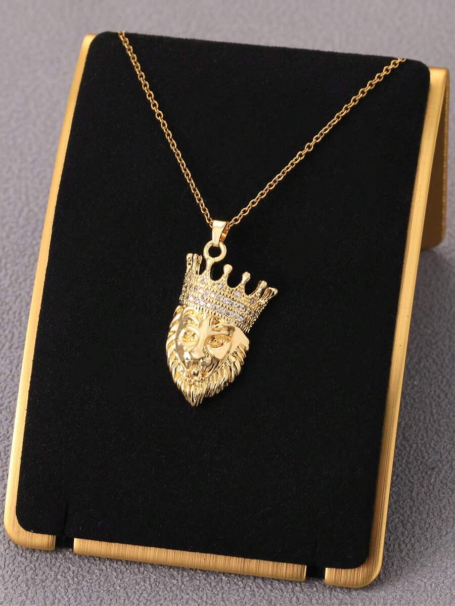 1 Máy Tính Quyến Rũ Kim Cương Giả Trang Trí Đầu Sư Tử Mặt Dây Chuyền Vòng Cổ Cho Nam Dự Tiệc - Vàng - Xem 1