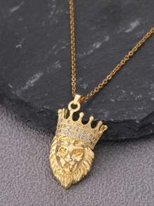 1 Máy Tính Quyến Rũ Kim Cương Giả Trang Trí Đầu Sư Tử Mặt Dây Chuyền Vòng Cổ Cho Nam Dự Tiệc - Vàng - Xem 2