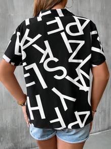 SHEIN LUNE Plus Letter Graphic Button Front Shirt - Black - View 2