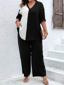 SHEIN LUNE Plus Two Tone Drop Shoulder Shirt & Wide Leg Trousers - Black and White - View 1