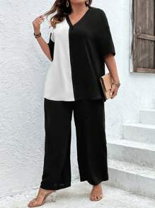 SHEIN LUNE Plus Two Tone Drop Shoulder Shirt & Wide Leg Trousers - Black and White - View 3